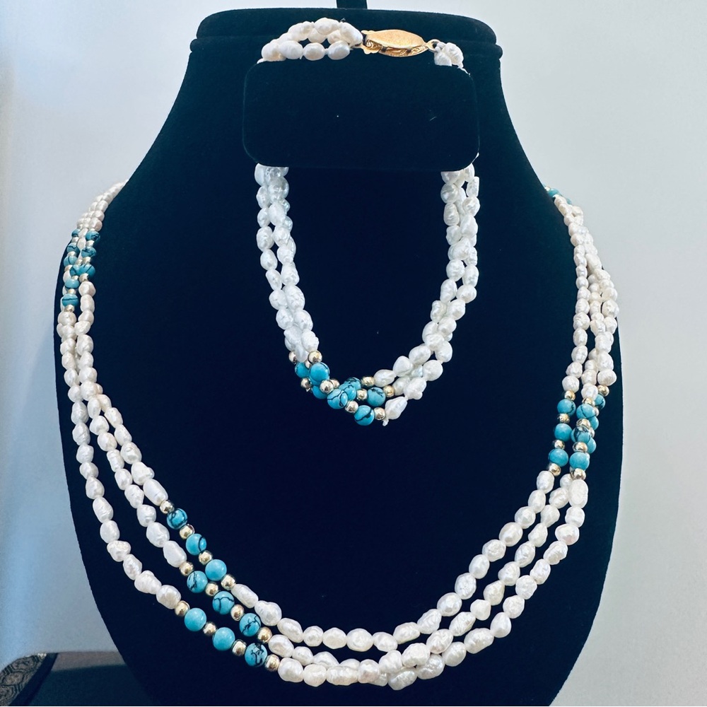 Handmade RicePearl Turquoise Beads Necklace/Bracelet Multi-Styling 2 Gold Clasps